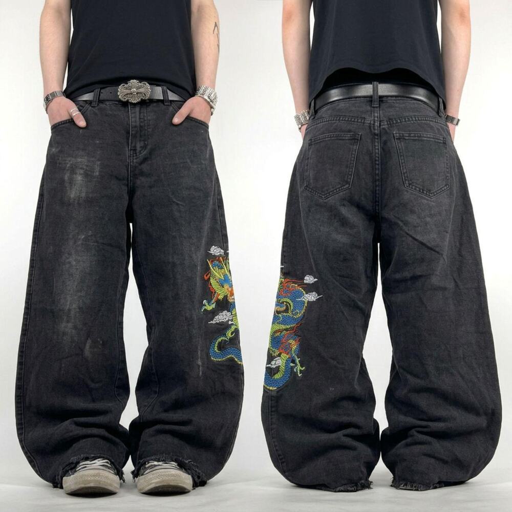 Vintage y2k distressed grunge skater baggy embroidered wide leg jeans - Picture 1 of 5